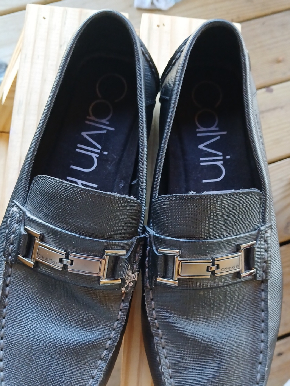 Calvin Klein Men's Charcoal Gray Slip-On Loafers with Silver Bit